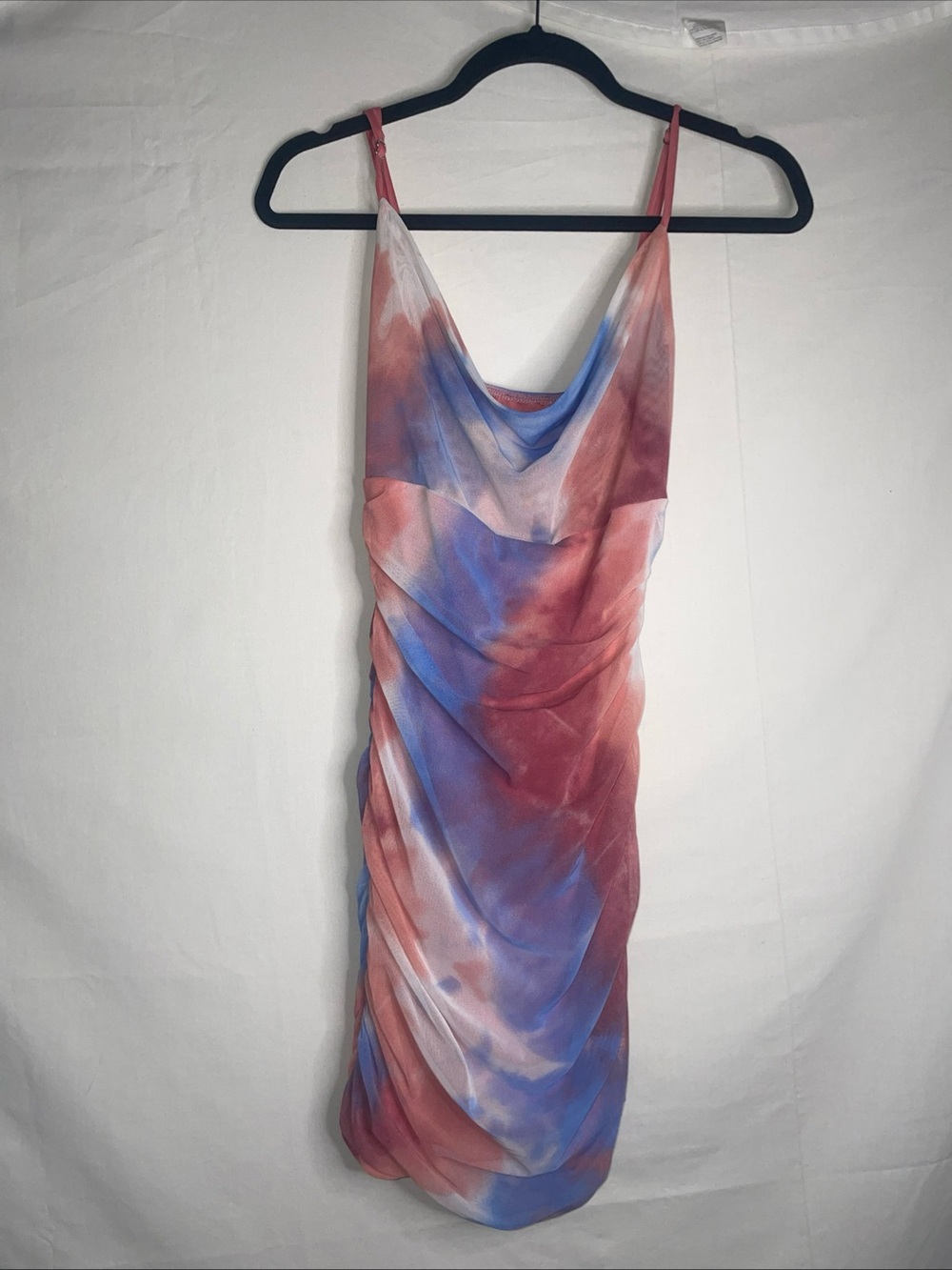 Women's Tie Dye Mesh Bodycon‎ Midi Dress Cowl Neck Ruched Pink Blue S